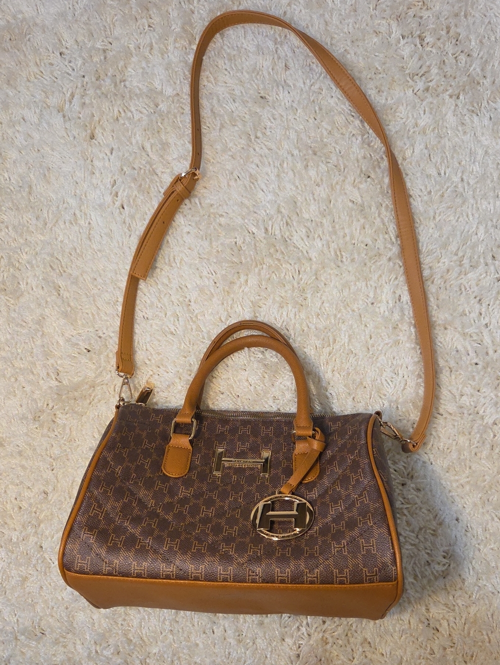 H by Halston Brown & Tan Monogram Satchel with Detachable Strap